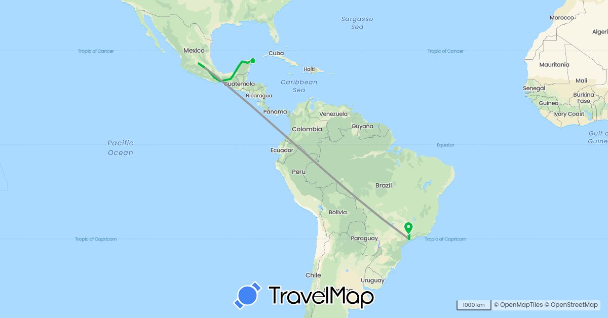 TravelMap itinerary: driving, bus, plane in Brazil, Mexico (North America, South America)
